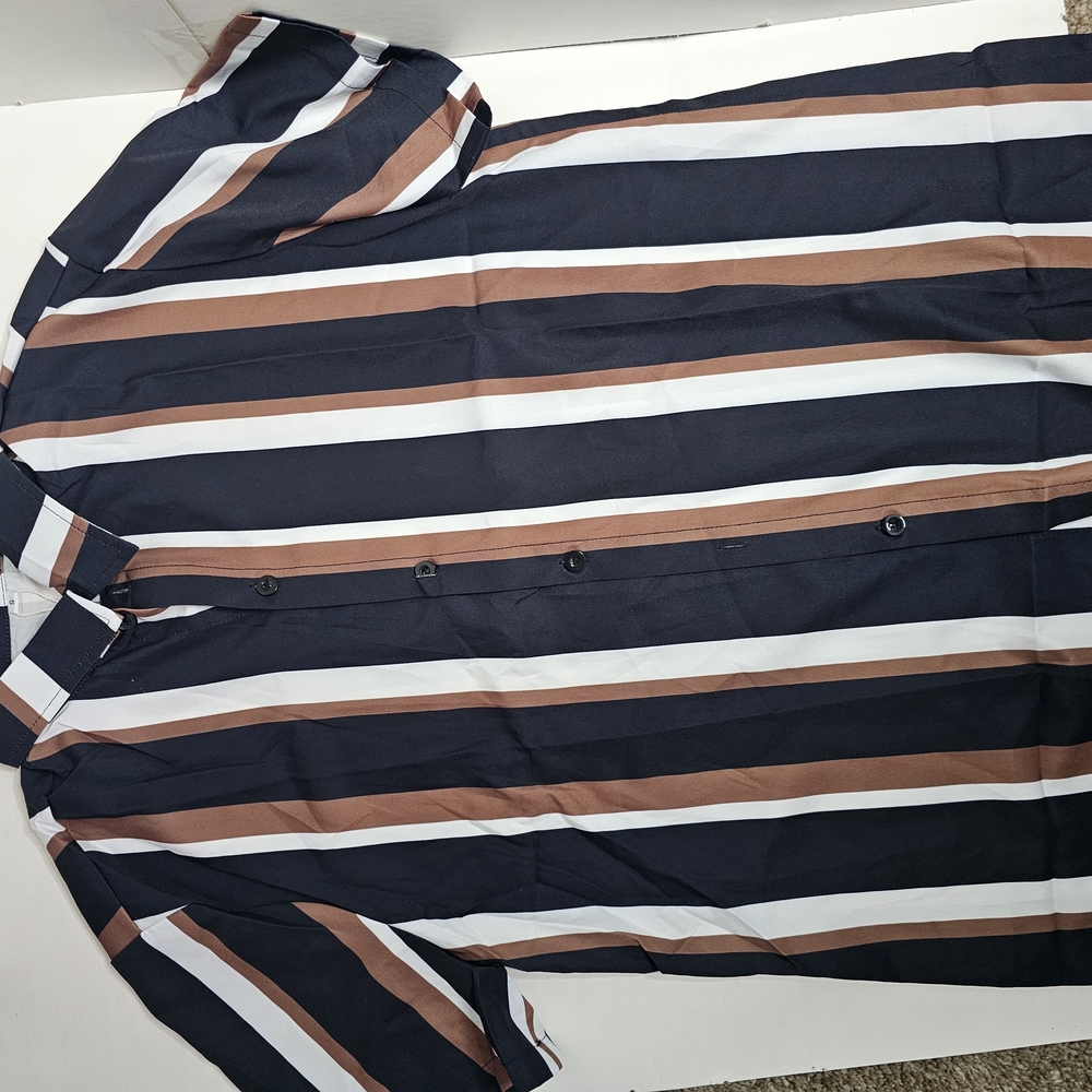 Men's Striped Casual Button Down Shirt - Navy, Brown, and White - Picture 3 of 7